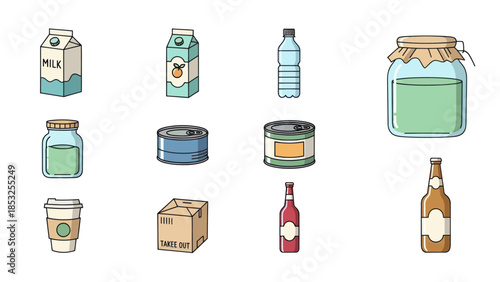 Collection of Various Food and Drink Products in Cartoon Style.