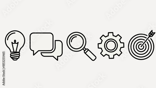 Conceptual Icons Representing Ideas, Communication, Research, Development, and Goals.