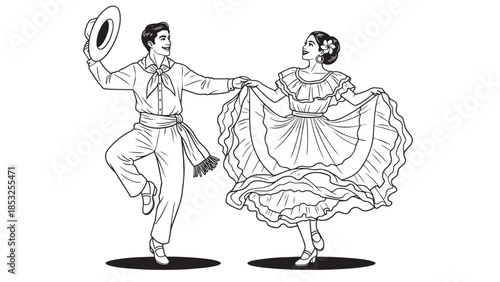 Two dancers twirl in a classic ballroom line drawing.