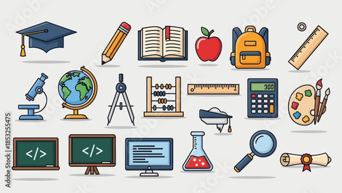 Colorful Education Icons - A Comprehensive Collection of School Supplies and Learning Tools.