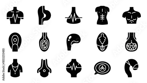Medical icons anatomy and body parts in black and white style