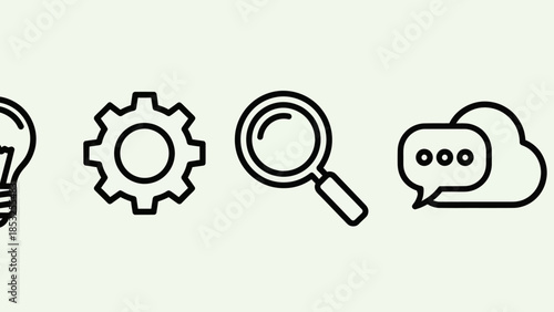 Conceptual Icons Representing Ideas, Settings, Search, and Communication.