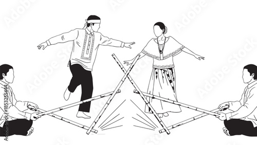 Group of stylized figures performing synchronized balance exercises and connected poses in a dynamic lineart illustration.
