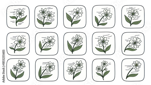 Stylized floral illustrations with green stems and white petals arranged on white squares