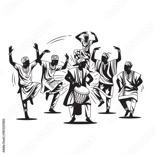 Group of dancers performing traditional drum dance in a monochrome illustration.