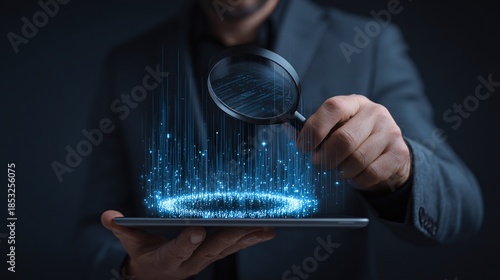 A man holds a magnifying glass over a digital display with shimmering blue data streams emanating from it. He's wearing a suit, emphasizing the high-tech data analysis.