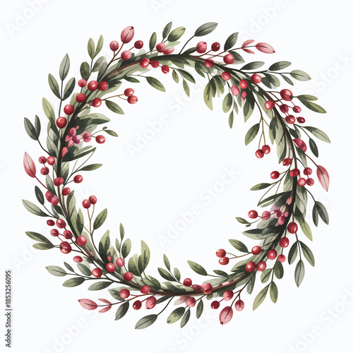 Christmas Wreath with Red Berries and Green Leaves on White Background