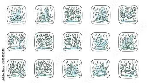 Set of decorative vector illustrations of minerals and plant elements