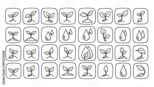 Plant growth icons seedlings drops and sprouts in square frames