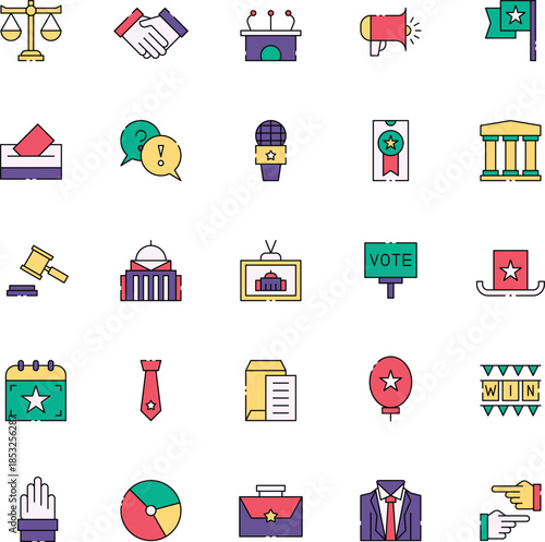 Collection of political icons representing voting, government, elections, and public speaking events