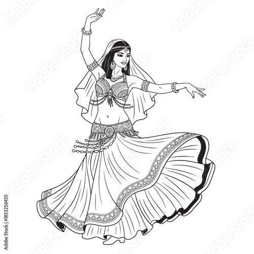 Black and white line drawing of a graceful belly dancer performing an intricate, flowing motion and pose.