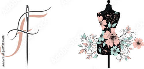Fashion icons, needle thread logo, floral dress form illustration, black outline, tailoring symbol, couture branding, textile concept, style badge