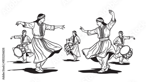 Traditional dance performance featuring dancers in flowing robes in a coordinated stage tableau.