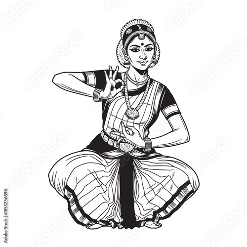 Traditional Indian Bharatanatyam dancer in graceful pose illustration.