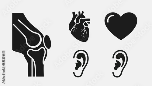 Medical icons human knee heart ears and a stylized heart symbol
