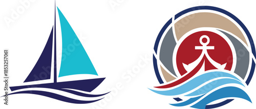 Nautical icons, sailboat illustration, anchor emblem design, black outline, marine symbol, ocean branding, sailing concept, coastal badge, sea logo