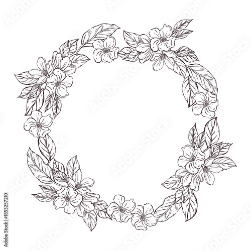A wreath of spring flowers, apple or plum leaves. All objects are hand-drawn in ink and converted into vector. The illustration is perfect for printing on fabric, paper, for dishware design.