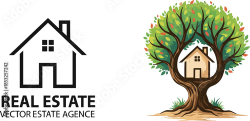 Real estate icons, house logo, tree home illustration, black outline, eco design, property branding, nature symbol, sustainable living concept