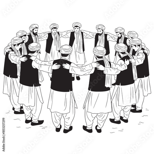 Traditional folk circle dance by a group of people in coordinated clothing and head coverings.