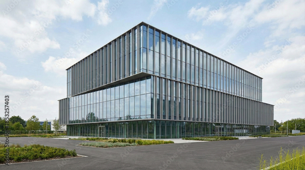 Obraz premium Modern Office Building Exterior With Clean Glass Facade and Minimal Corporate Architectural Design 