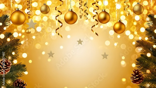 Festive Gold Ornaments: A radiant arrangement of golden ornaments, twinkling lights, and elegant ribbons set against a warm gold backdrop, creating a celebratory atmosphere.
