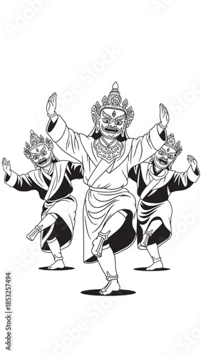 Ancient multiarmed deity procession depicted in a ceremonial dance.