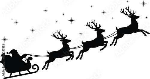 Santa Claus sleigh silhouette with flying reindeer stars festive Christmas night illustration isolated on white background, holiday winter vector art