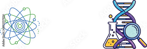 Science icons, atom illustration, DNA flask graphic, black outline, research symbol, biology concept, chemistry badge, lab design, data emblem