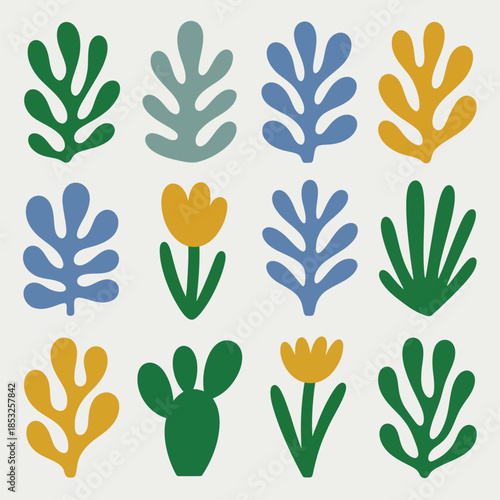 Colorful Flat Design Cactus and Succulent Icons on White Background