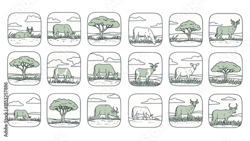 Stylized illustration of wildlife in natural habitats decorative elements