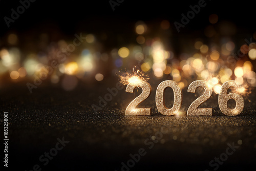Chiffres dorés 2026 sur surface scintillante avec étincelles et bokeh lumineux sur fond noir avec espace négatif copyspace pour nouvel an et toute autre fête de l’année