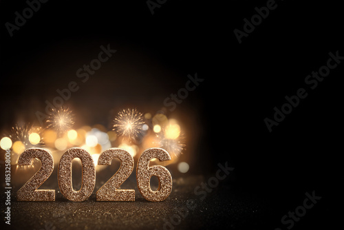 Chiffres dorés 2026 sur surface scintillante avec étincelles et bokeh lumineux sur fond noir avec espace négatif copyspace pour nouvel an et toute autre fête de l’année