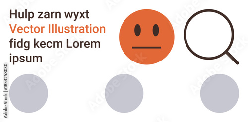 Communication, search, mood analysis, graphic design, education, user interface elements concept. Neutral face and magnifying glass with gray circles and placeholder text. Communication and search