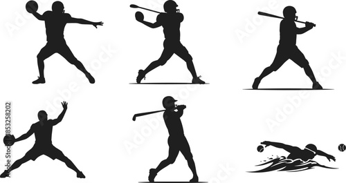 Sports icon set, athlete silhouette, football throw, baseball swing, basketball pose, swimmer motion, black illustration, action emblem, fitness symbol
