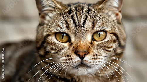 Close-up portrait of a purring tabby cat with beautiful big yellow eyes