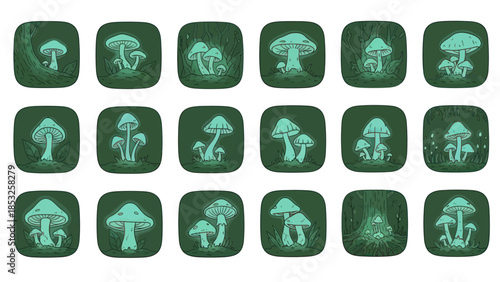 Stylized illustrations of various mushroom designs in square frames