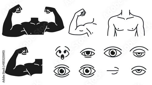 Muscular arm and body icons representing strength and human anatomy