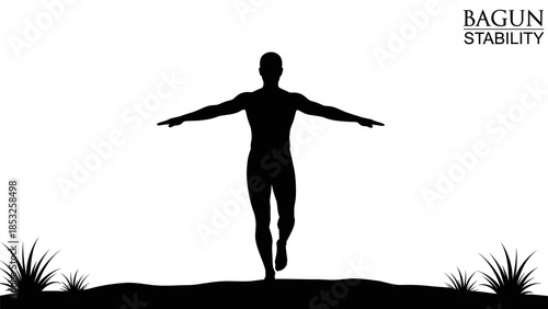 Silhouette of a person balancing with outstretched arms against a white background