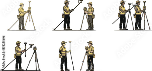 Surveyor silhouettes with GPS and tripod gear, land measurement posture, black figures, safety vests, geospatial tools, construction site inspection