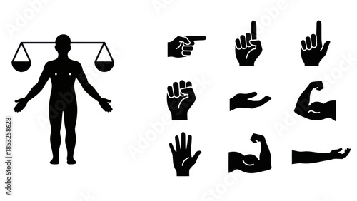 Silhouette of a person with scales and various hand gestures symbols