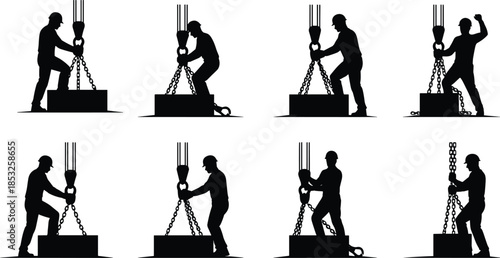 Suspended load handling, construction silhouette, crane hook safety, chain guiding, teamwork posture, heavy lifting, industrial coordination, worker action, jobsite rigging, load control