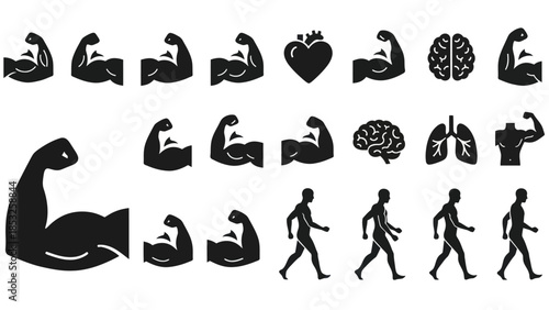 Muscular arm icons and silhouette people for health and fitness designs