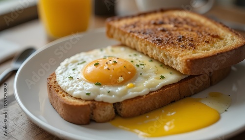 Classic breakfast with eggs and toast, modern clean styling, shallow depth of field