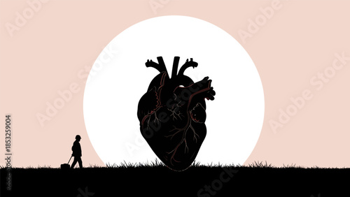 Silhouette of heart and person with baggage against a pink background