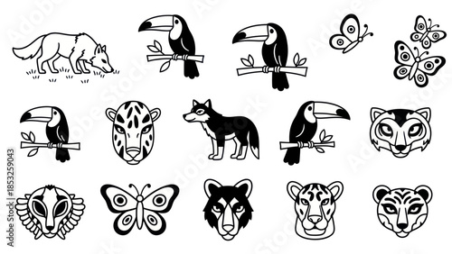 Set of various animals and insects black and white vector illustrations