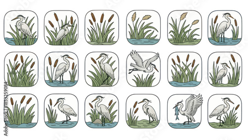 Set of heron illustrations in various poses among reeds and water