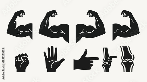 Muscular arms hands and body parts silhouettes for health and fitness designs
