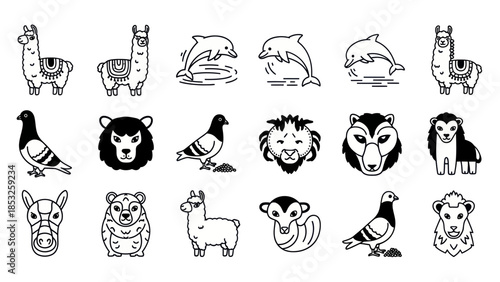 Set of various animals drawn in black and white outlines for design