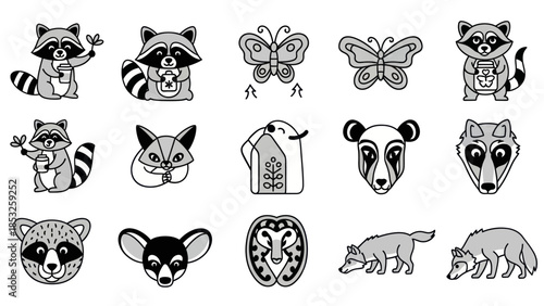 Set of various animals drawn in black and white with outlines isolated