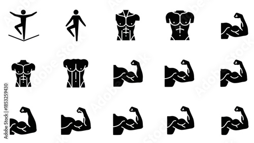 Muscular body parts and poses in black silhouettes for fitness designs